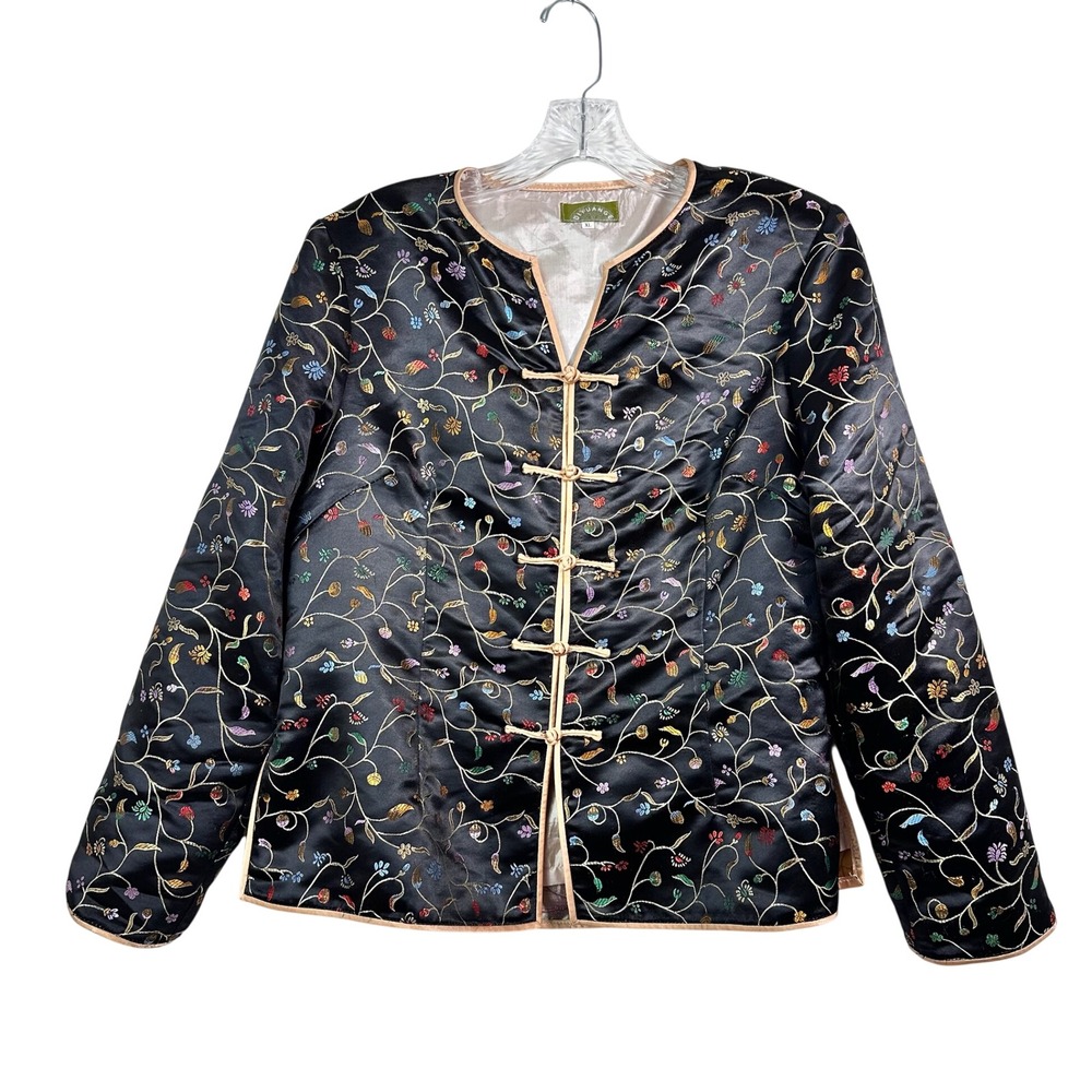 Qiyuange Black Embroidered Floral Frog Button Jacket Womens XL Traditional Style